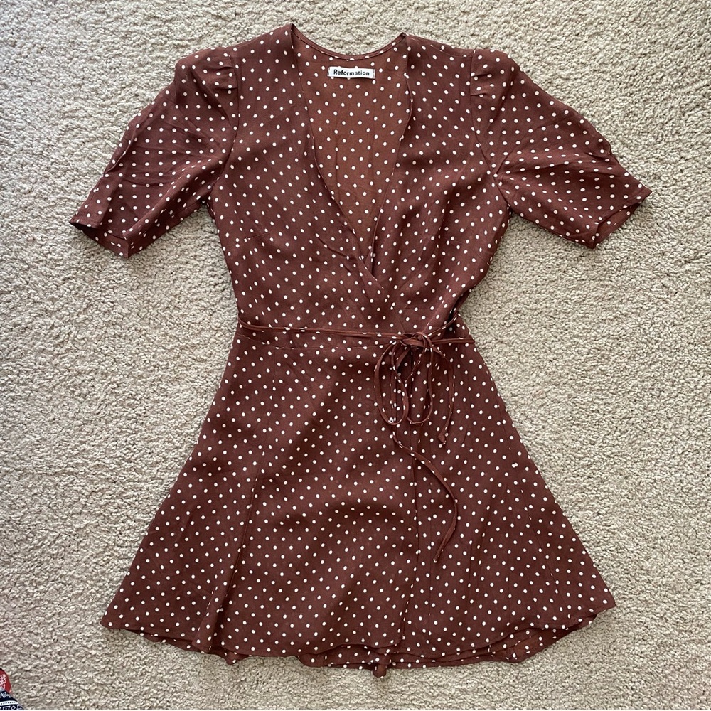 Reformation Lucky Mini Wrap Dress - Brown Polka Dot - XS
